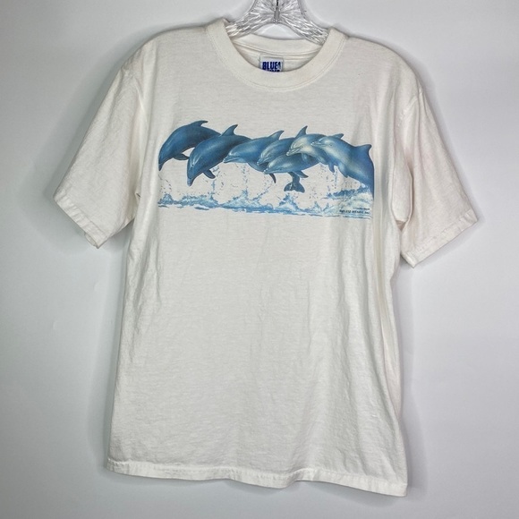Vintage Blue Wave Dolphin White Tshirt Size Medium USA - Picture 1 of 9